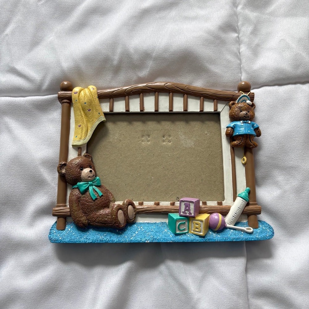 Vintage 90s Teddy Bear Baby Crib 3D Picture Frame Blue Brown Nursery